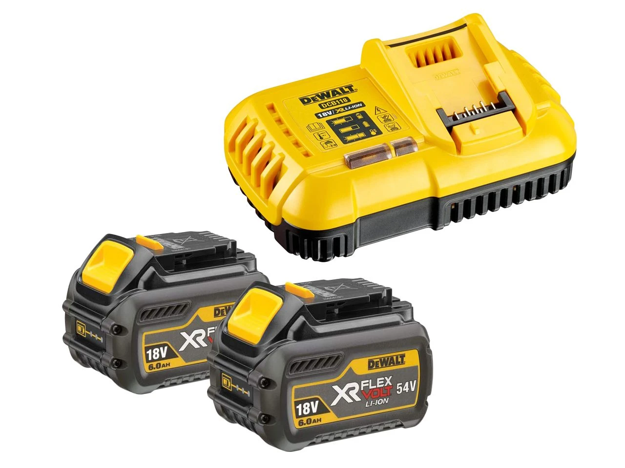 DeWalt DCB118T2 18V / 54V FlexVolt Li-Ion Accu Starterset (2x 6.0Ah) + Lader - DCB118T2-QW 3 DeWalt DCB118T2 18V / 54V FlexVolt Li-Ion Accu Starterset (2x 6.0Ah) + Lader - DCB118T2-QW